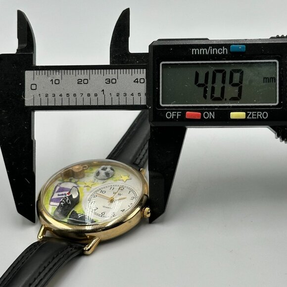 WW Whimsical Soccer Watch Men Gold Tone Black Leather Band 40MM Case New Battery - Picture 10 of 12